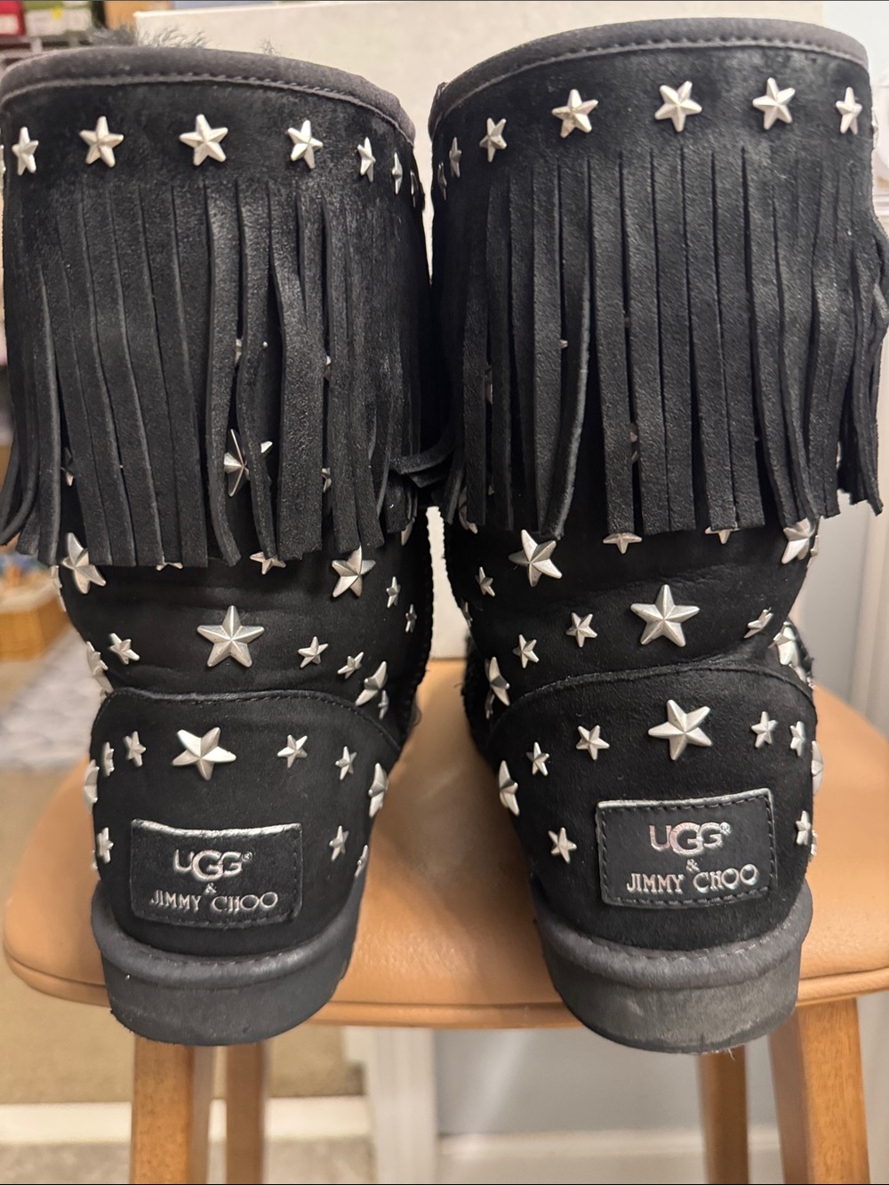 Jimmy Choo Black Suede Fringe Boots with Silver Star Studs - Picture 3 of 7